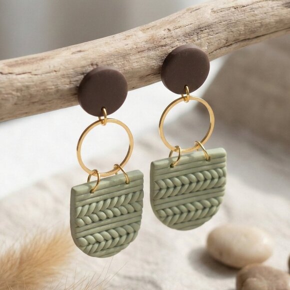 Sage Green Polymer Clay Wood Dangle Earrings Gold Plated Sterling Silver Posts - Picture 17 of 17